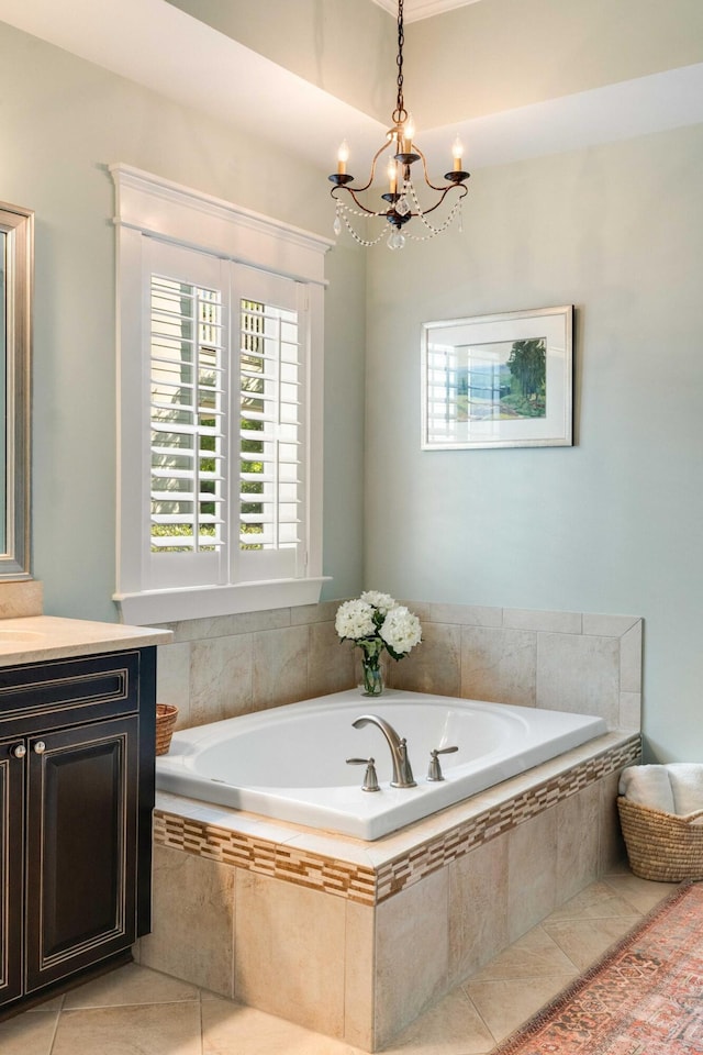 1527 Wando View St, Charleston, SC 29492 - bathroom with a chandelier, tile patterned flooring, a garden tub, and vanity