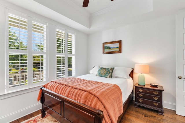1527 Wando View St, Charleston, SC 29492 - bedroom featuring ornamental molding, wood finished floors, baseboards, a raised ceiling, and a ceiling fan
