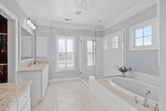 bathroom with a garden tub, visible vents, crown molding, a stall shower, and vanity