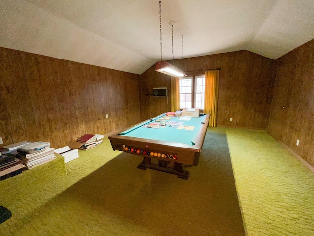 playroom featuring vaulted ceiling, carpet flooring, and wooden walls