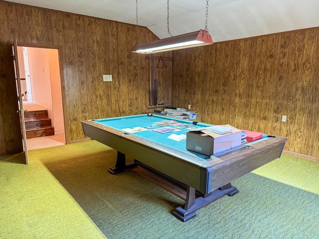 playroom with wood walls, carpet, billiards, and vaulted ceiling