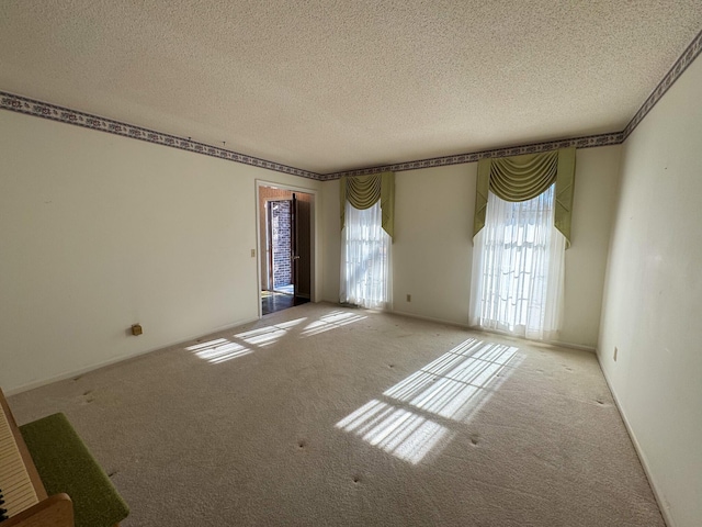 spare room with a wealth of natural light, a textured ceiling, and carpet