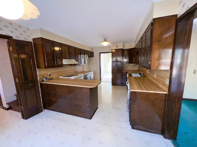 kitchen with under cabinet range hood, light countertops, dark brown cabinetry, and wallpapered walls