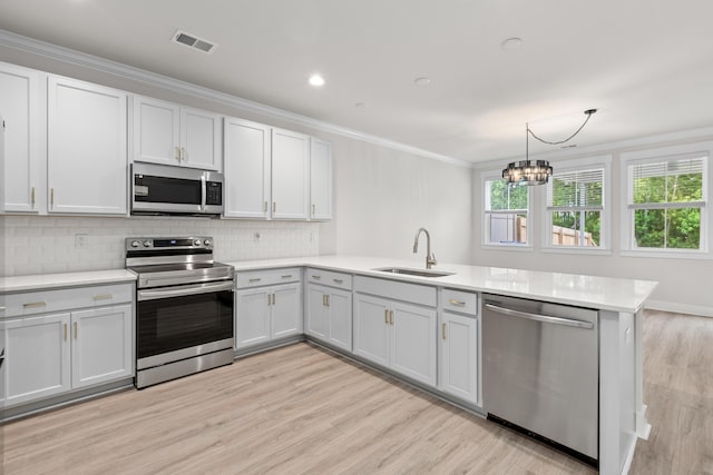 5133 Park Creek Ave, North Charleston, SC 29418 - kitchen with appliances with stainless steel finishes, a peninsula, a sink, light countertops, and ornamental molding