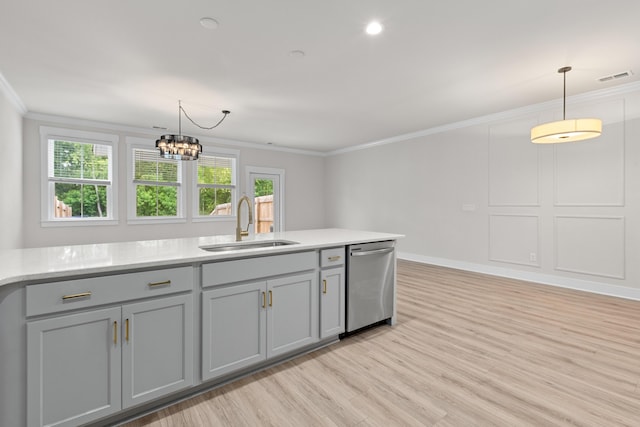 5133 Park Creek Ave, North Charleston, SC 29418 - kitchen featuring dishwasher, a sink, gray cabinetry, crown molding, and light wood-style floors