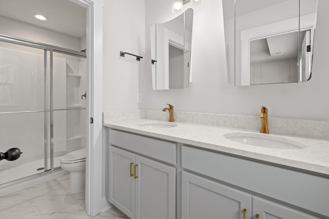 5133 Park Creek Ave, North Charleston, SC 29418 - bathroom with marble look tiles, toilet, a shower stall, double vanity, and recessed lighting