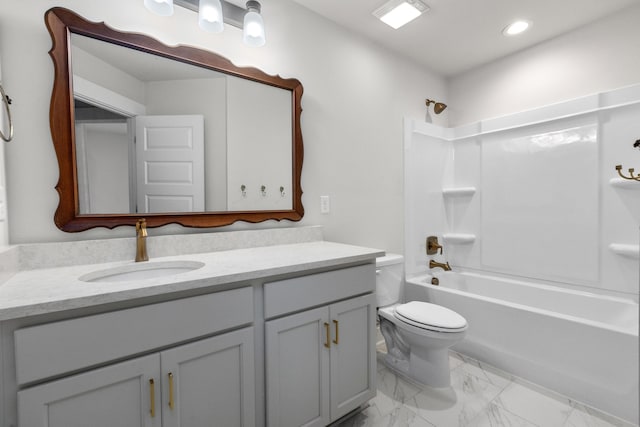 5133 Park Creek Ave, North Charleston, SC 29418 - bathroom featuring vanity, toilet, shower / washtub combination, marble finish floors, and recessed lighting