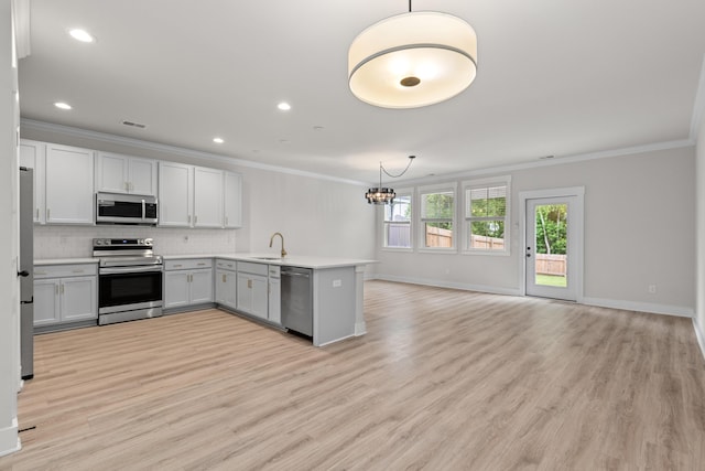 5133 Park Creek Ave, North Charleston, SC 29418 - kitchen with appliances with stainless steel finishes, a sink, a peninsula, a chandelier, and ornamental molding