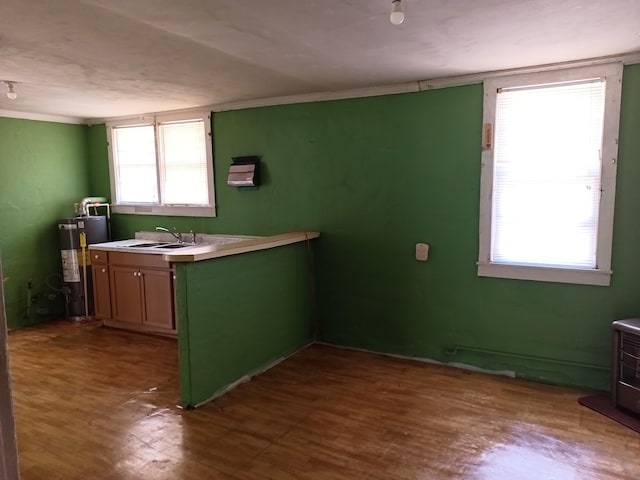 kitchen with hardwood / wood-style flooring, a healthy amount of sunlight, gas water heater, and sink