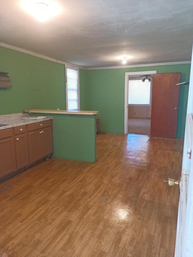 kitchen featuring wood-type flooring and crown molding