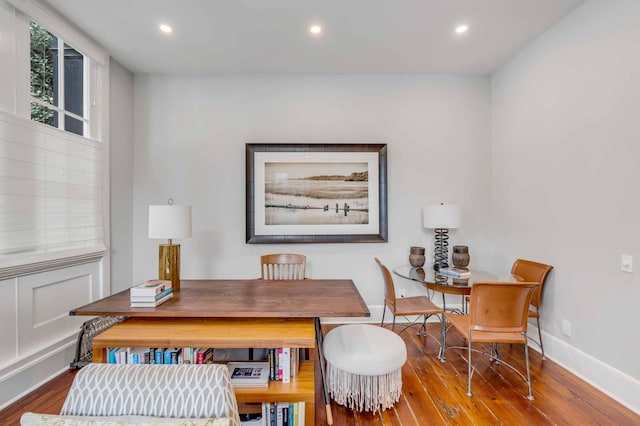 office area featuring recessed lighting, baseboards, and wood finished floors