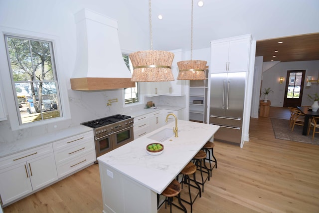 kitchen featuring a sink, premium appliances, light wood-style floors, and custom exhaust hood