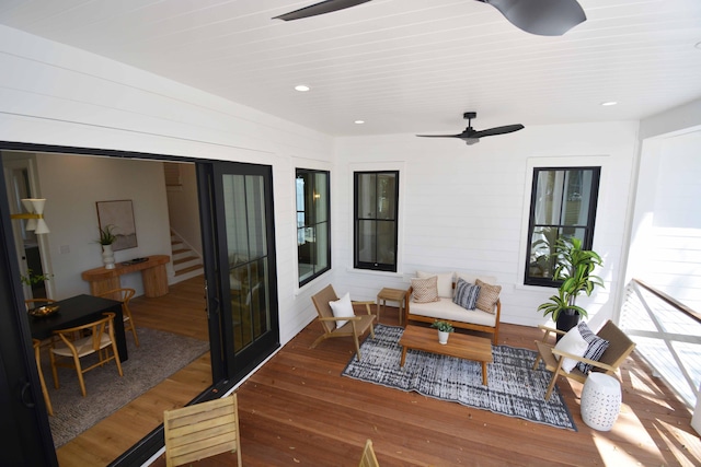 exterior space featuring stairs, recessed lighting, wood-type flooring, and ceiling fan