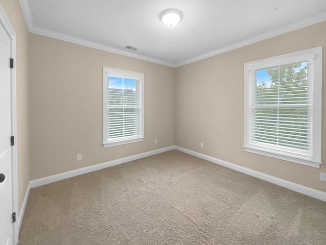 carpeted spare room with crown molding