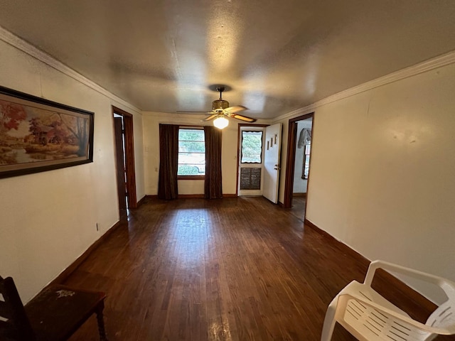 empty room featuring dark hardwood / wood-style flooring, ceiling fan, and crown molding