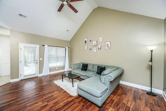 living room with high vaulted ceiling, dark hardwood / wood-style floors, and ceiling fan