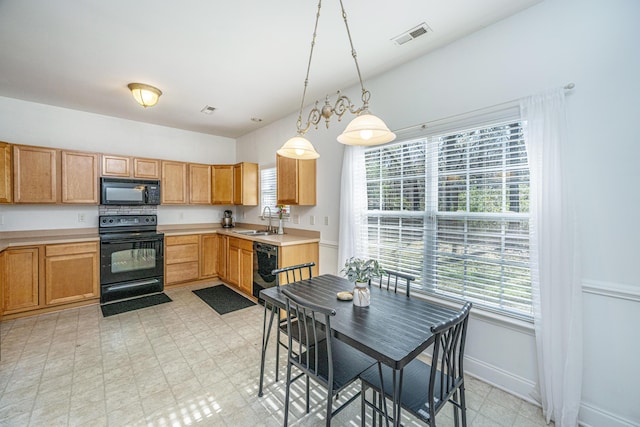 kitchen with plenty of natural light, sink, pendant lighting, and black appliances