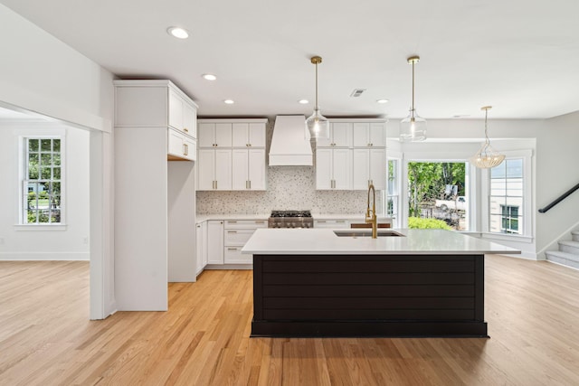 380 Tidal Reef Cir, Mount Pleasant, SC 29464 - kitchen with a sink, premium range hood, white cabinetry, light wood finished floors, and light countertops