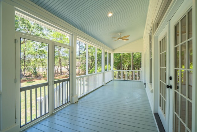 380 Tidal Reef Cir, Mount Pleasant, SC 29464 - unfurnished sunroom with lofted ceiling, french doors, a ceiling fan, and plenty of natural light