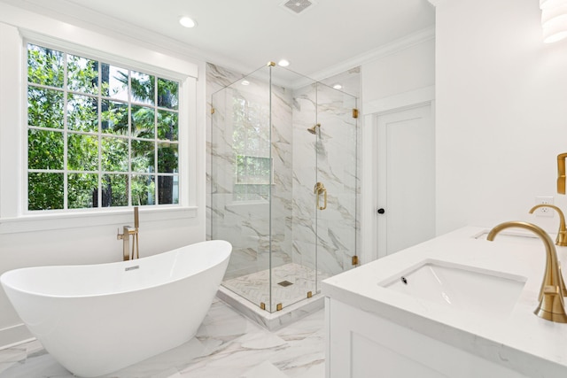 380 Tidal Reef Cir, Mount Pleasant, SC 29464 - full bathroom with marble tiled flooring, a soaking tub, crown molding, a marble finish shower, and recessed lighting