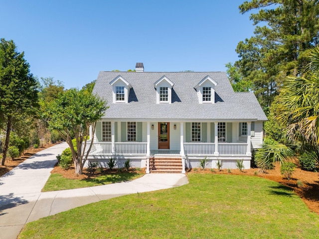 380 Tidal Reef Cir, Mount Pleasant, SC 29464 - cape cod home featuring covered porch, a shingled roof, a front lawn, and a chimney