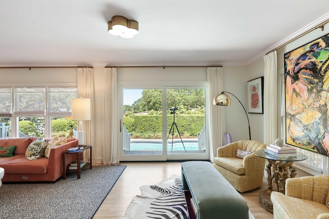 living room featuring ornamental molding and light wood-style floors
