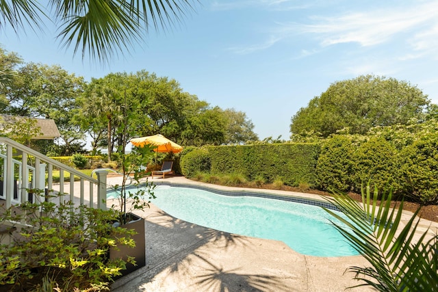 view of swimming pool featuring a fenced in pool and a patio area