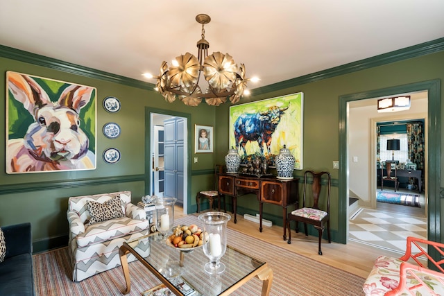 dining room with a chandelier and ornamental molding