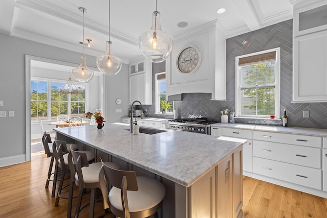 112 Berkshire Dr, Wando, SC 29492 - kitchen featuring light wood-style floors, stove, a center island with sink, tasteful backsplash, and a sink