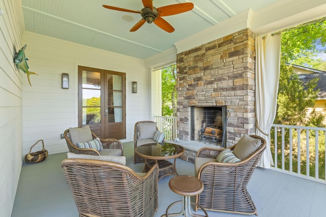 112 Berkshire Dr, Wando, SC 29492 - view of patio / terrace with ceiling fan, french doors, and an outdoor living space with a fireplace