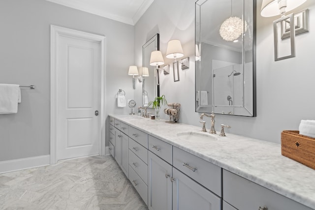 112 Berkshire Dr, Wando, SC 29492 - bathroom featuring a sink, ornamental molding, a shower stall, and double vanity