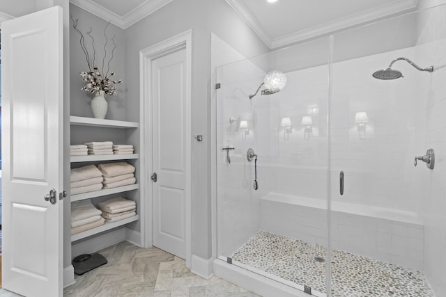 112 Berkshire Dr, Wando, SC 29492 - bathroom with ornamental molding, a shower stall, and marble finish floor