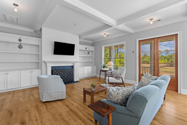 112 Berkshire Dr, Wando, SC 29492 - living area with visible vents, ornamental molding, and beam ceiling
