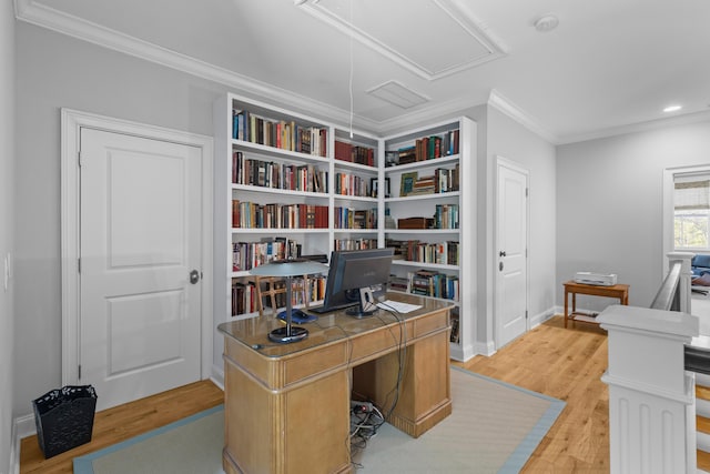 112 Berkshire Dr, Wando, SC 29492 - office space with ornamental molding, baseboards, attic access, recessed lighting, and light wood-style flooring