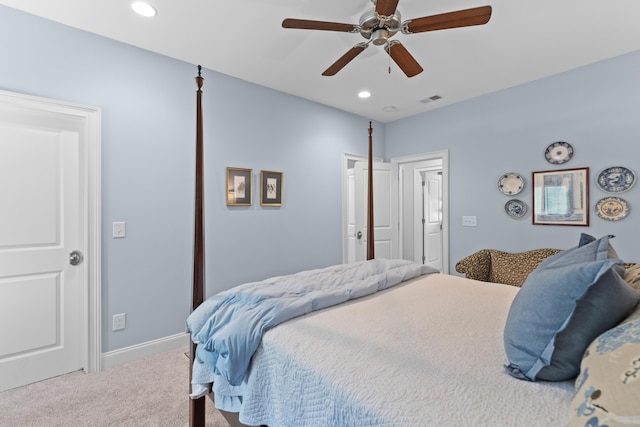 112 Berkshire Dr, Wando, SC 29492 - carpeted bedroom with visible vents, recessed lighting, baseboards, and a ceiling fan