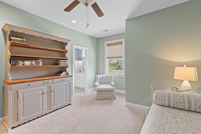112 Berkshire Dr, Wando, SC 29492 - living area with visible vents, a ceiling fan, baseboards, and light carpet