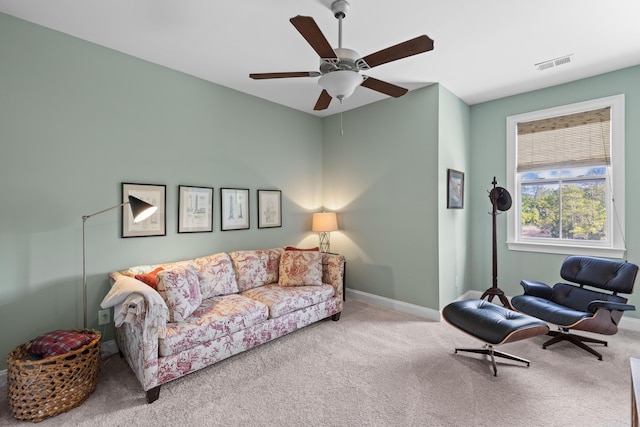 112 Berkshire Dr, Wando, SC 29492 - carpeted living area with baseboards, ceiling fan, and visible vents