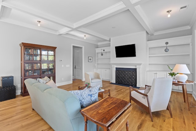 112 Berkshire Dr, Wando, SC 29492 - living area with visible vents, a large fireplace, baseboards, beamed ceiling, and ornamental molding