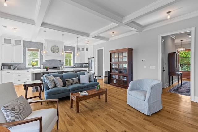 112 Berkshire Dr, Wando, SC 29492 - living room featuring beamed ceiling, a toaster, light wood finished floors, and coffered ceiling
