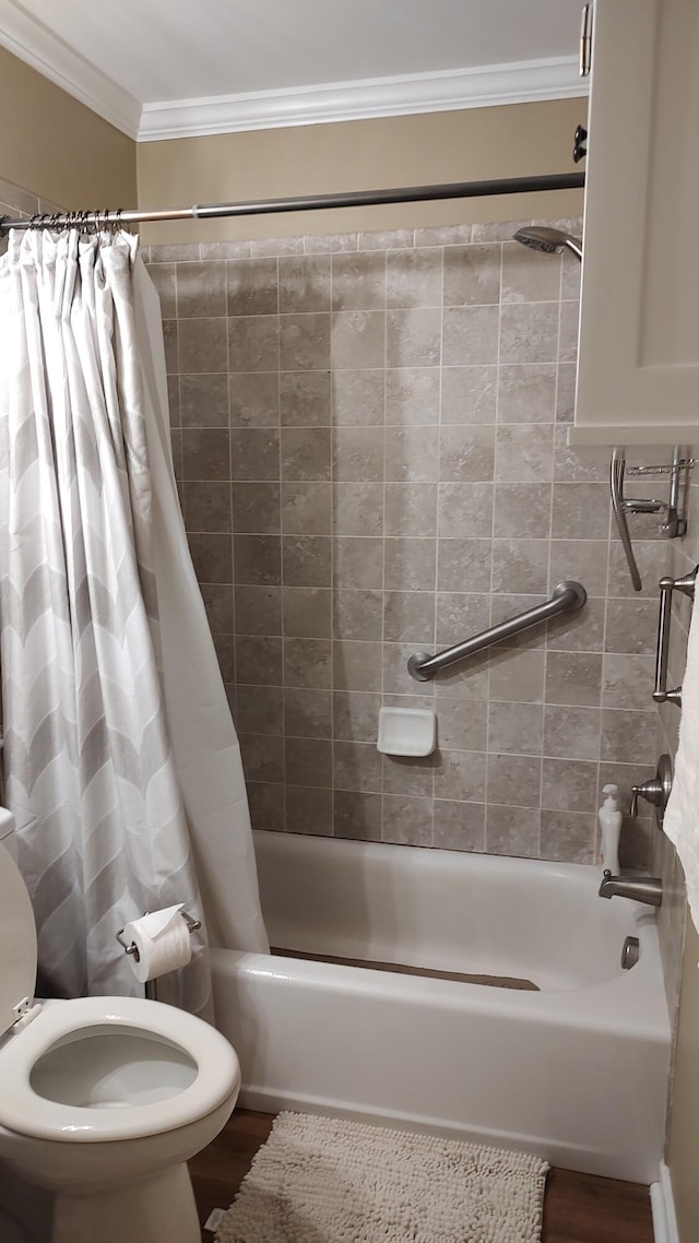 1205 Cypress Pointe Unit A205, Manning, SC 29102 - bathroom featuring ornamental molding, shower / bath combo, toilet, and wood finished floors
