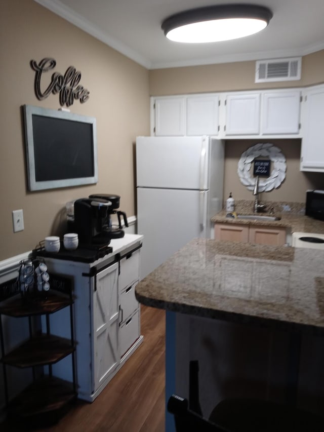 1205 Cypress Pointe Unit A205, Manning, SC 29102 - kitchen with freestanding refrigerator, ornamental molding, dark wood-style flooring, a sink, and light stone countertops