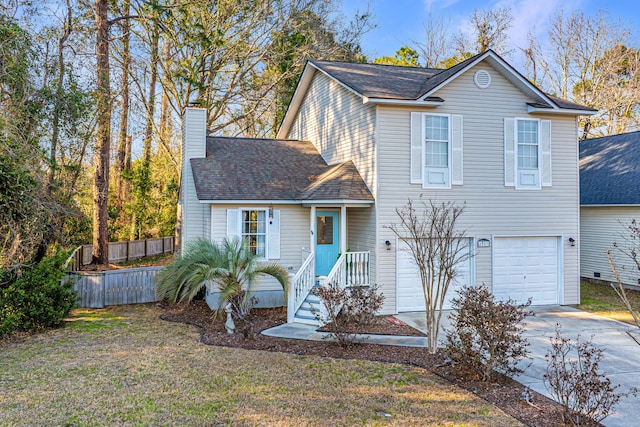 view of front of house with driveway, fence, a chimney, and an attached garage