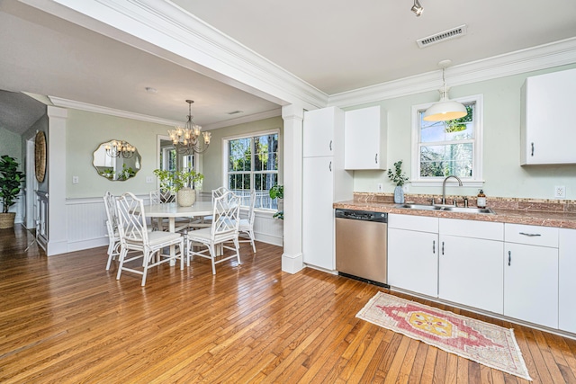 kitchen with a sink, visible vents, white cabinets, and dishwasher