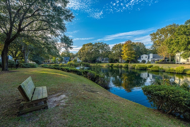 view of property's community featuring a water view and a lawn