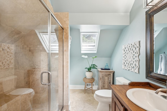 bathroom featuring lofted ceiling, a shower with door, tile patterned floors, vanity, and toilet