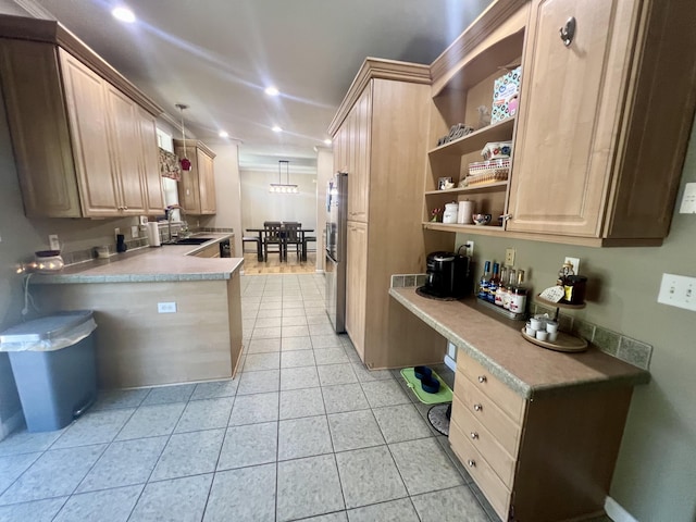 1173 Penny Creek Dr, Ruffin, SC 29475 - kitchen featuring freestanding refrigerator, recessed lighting, light brown cabinets, light tile patterned floors, and open shelves