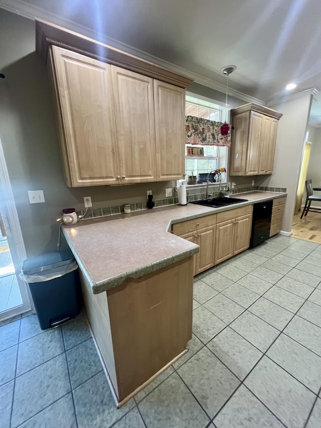 1173 Penny Creek Dr, Ruffin, SC 29475 - kitchen featuring ornamental molding, dishwasher, light brown cabinets, a peninsula, and light tile patterned flooring