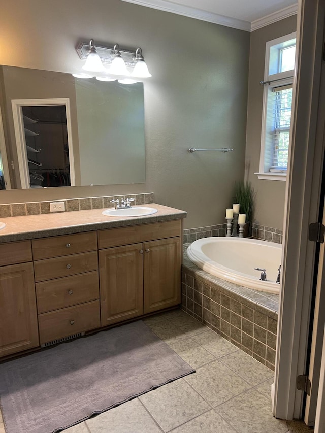 1173 Penny Creek Dr, Ruffin, SC 29475 - bathroom with crown molding, double vanity, tile patterned floors, and a bath