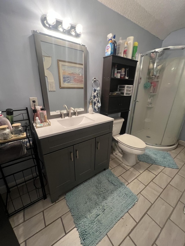 1173 Penny Creek Dr, Ruffin, SC 29475 - bathroom with a stall shower, vanity, tile patterned floors, and a textured ceiling