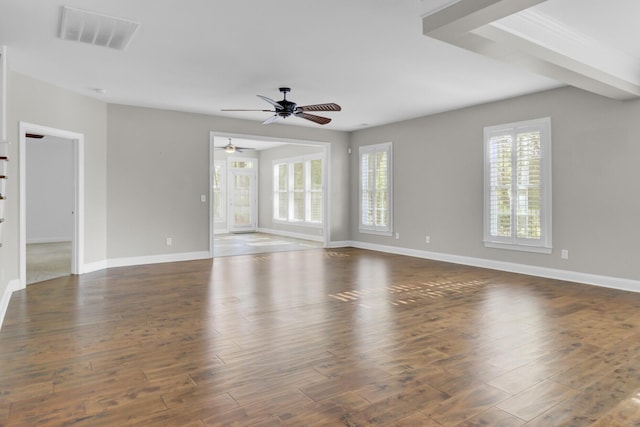 102 Brutus Ln, Summerville, SC 29485 - unfurnished living room featuring baseboards, ceiling fan, visible vents, and wood finished floors